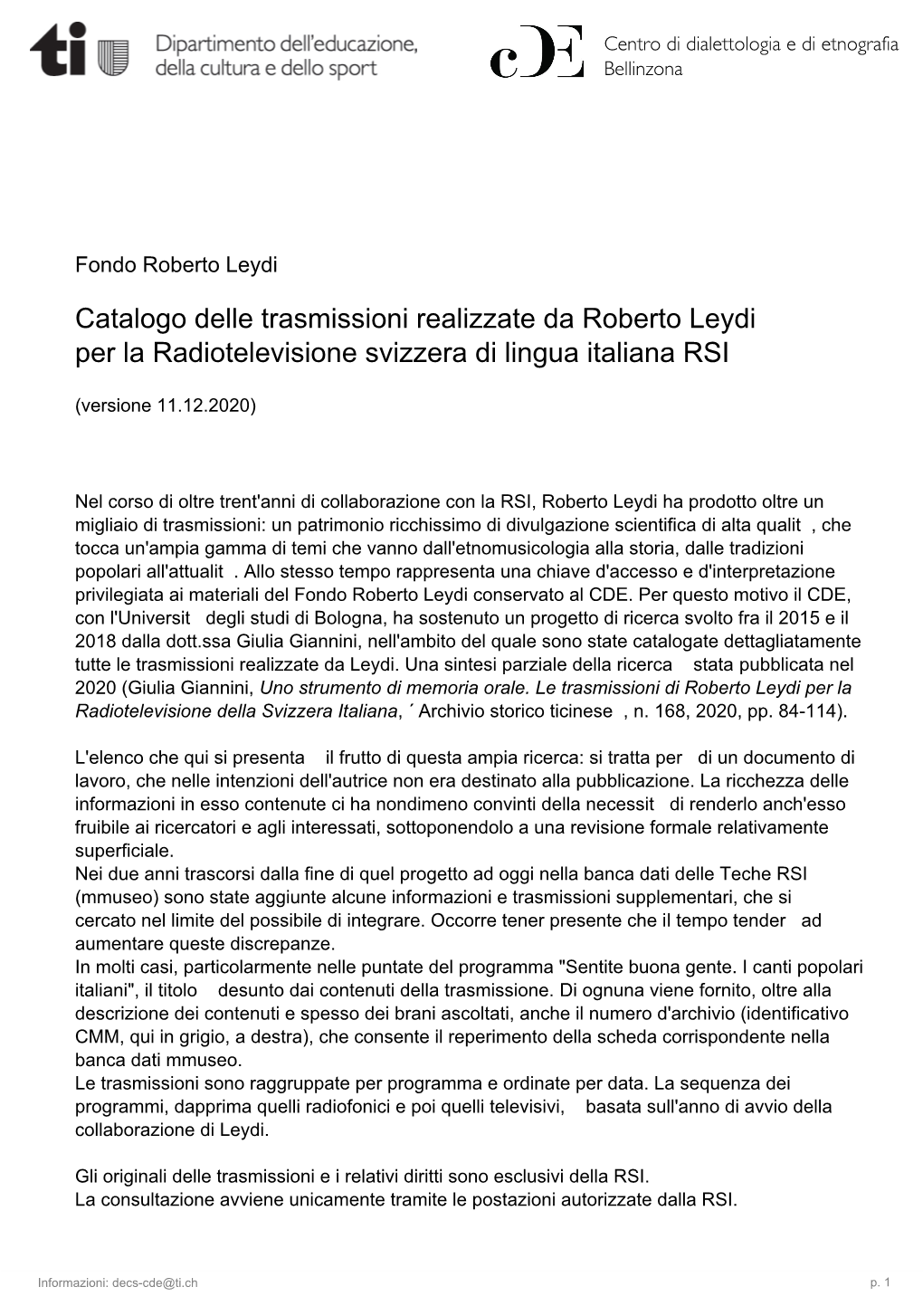 Catalogo Delle Trasmissioni Realizzate Da Roberto Leydi Per La Radiotelevisione Svizzera Di Lingua Italiana RSI