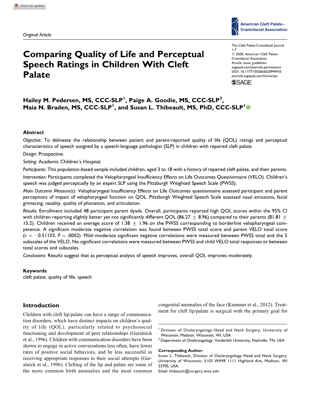 Comparing Quality of Life and Perceptual Speech Ratings In