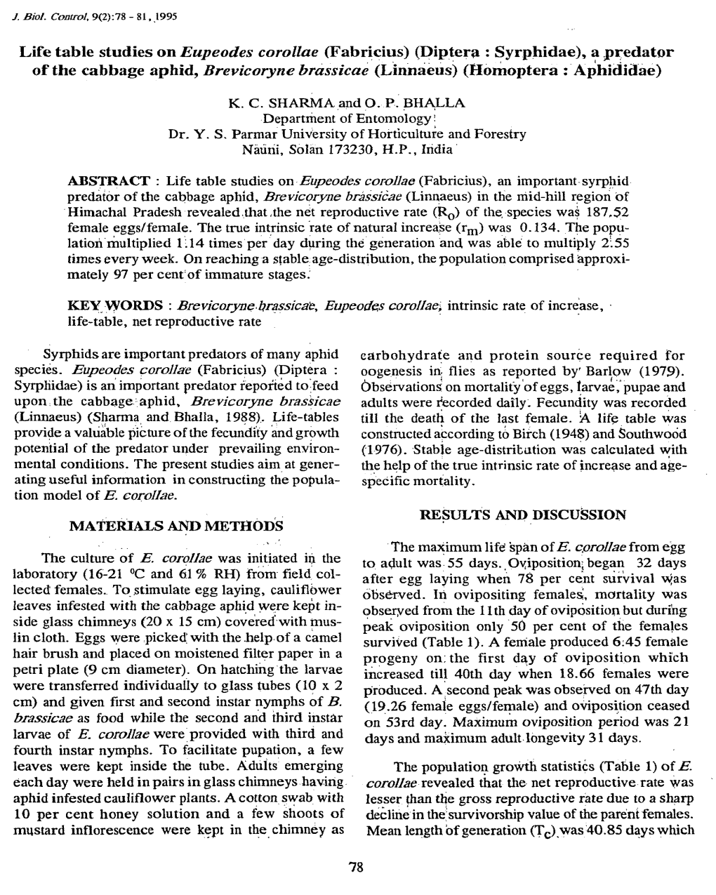 Life Table Studies on Eupeodes Corollae