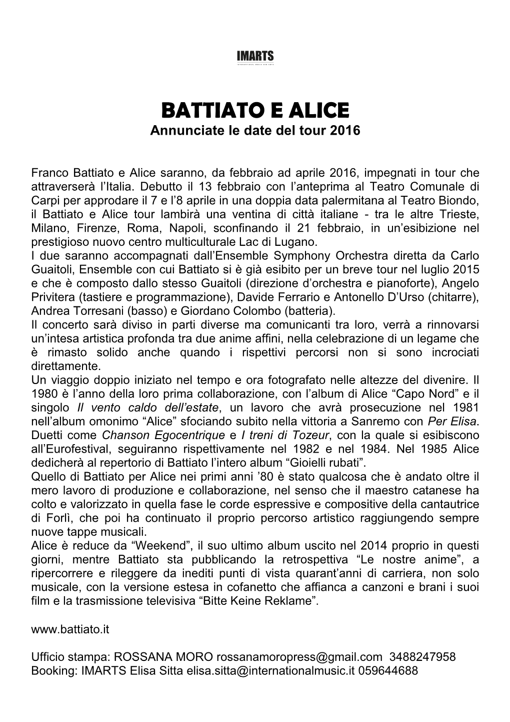 BATTIATO E ALICE Annunciate Le Date Del Tour 2016