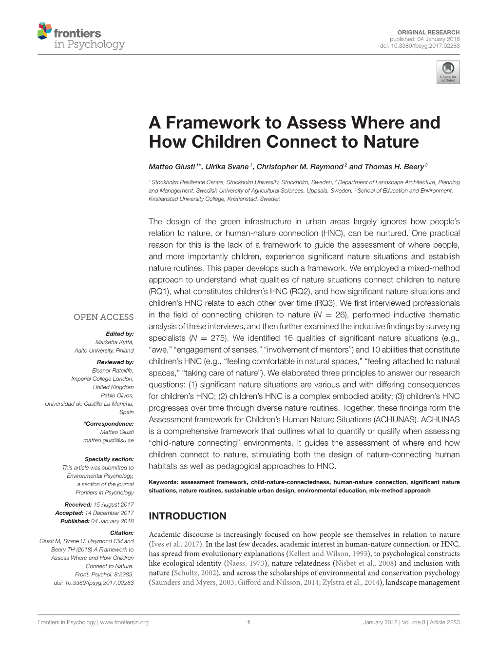 A Framework to Assess Where and How Children Connect to Nature