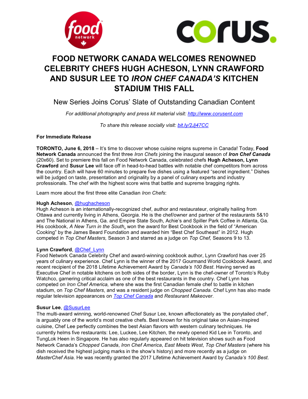 Food Network Canada Welcomes Renowned