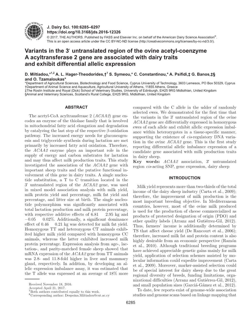 Variants in the 3Â€² Untranslated Region of the Ovine Acetyl