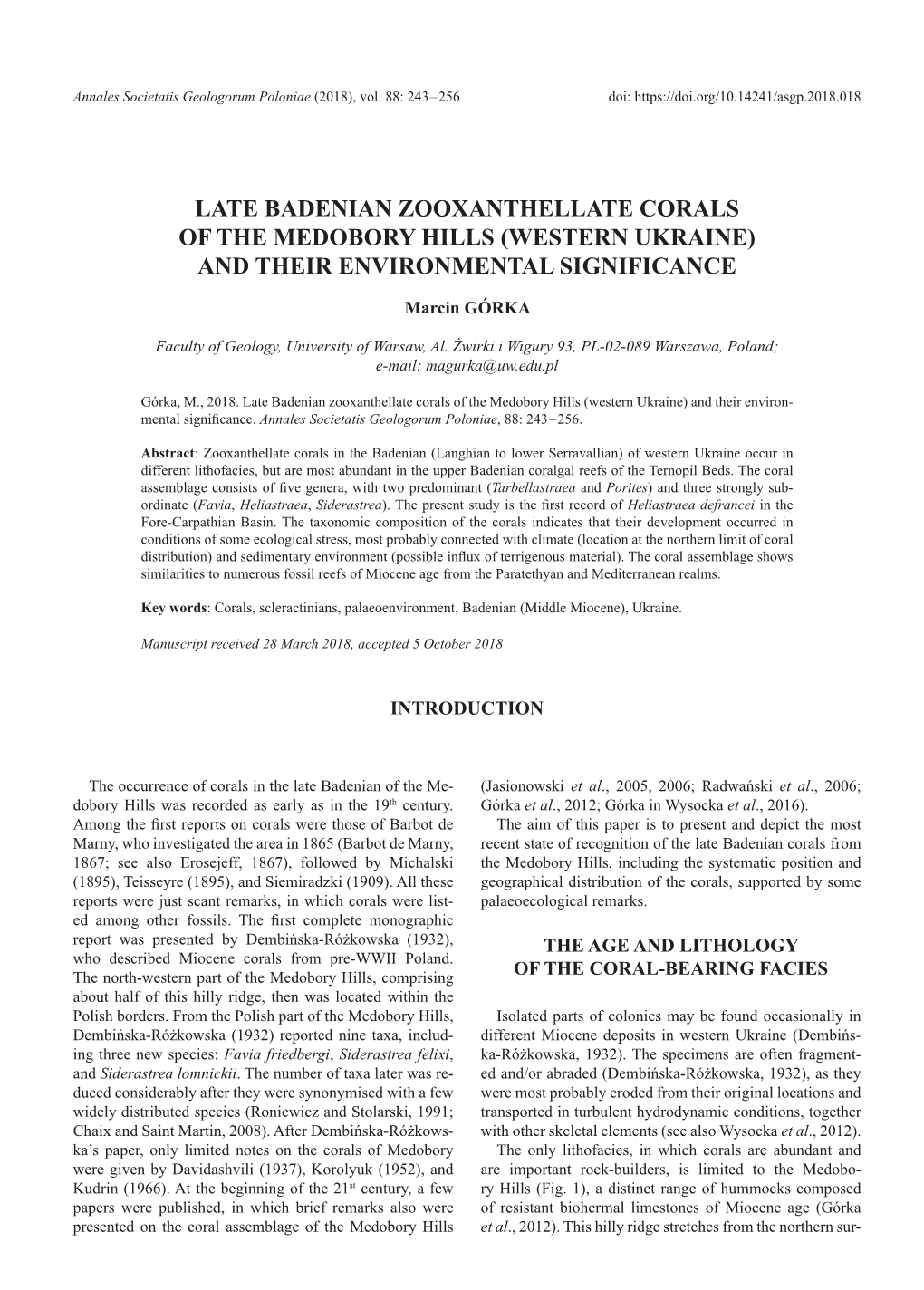 Late Badenian Zooxanthellate Corals of the Medobory Hills (Western Ukraine) and Their Environmental Significance