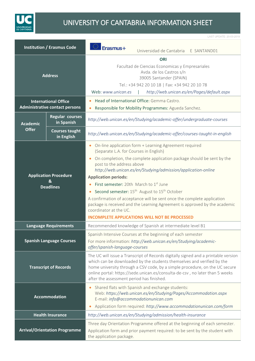 University of Cantabria Information Sheet