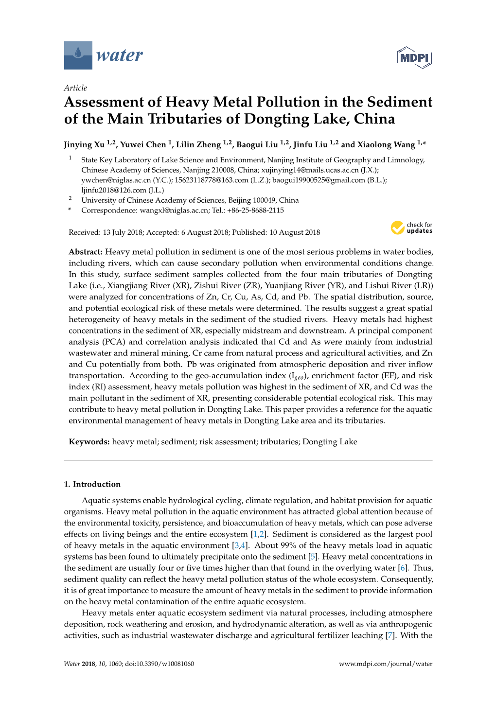 Assessment of Heavy Metal Pollution in the Sediment of the Main Tributaries of Dongting Lake, China