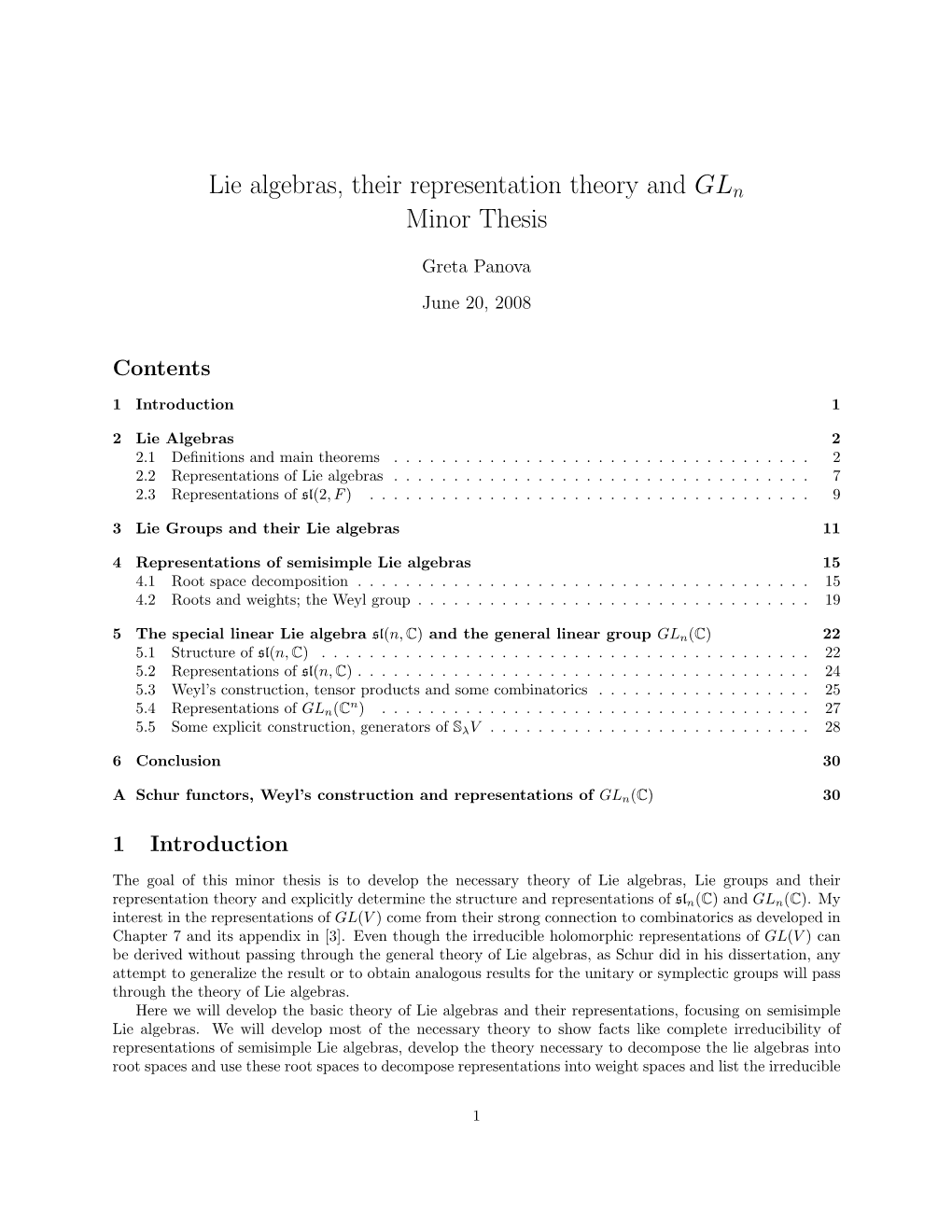 Lie Algebras, Their Representation Theory and GL Minor Thesis