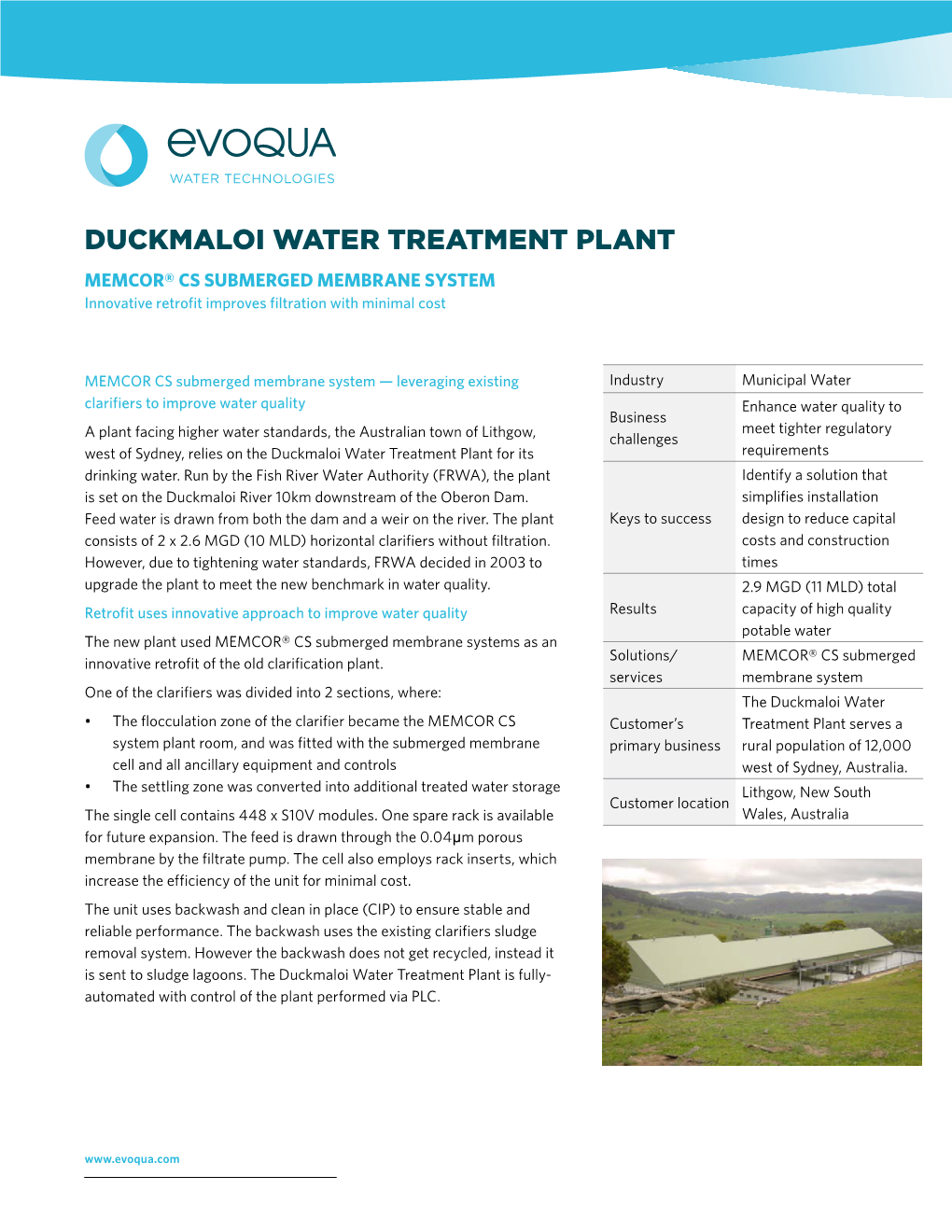Duckmaloi Water Treatment Plant MEMCOR® CS Submerged Membrane System Innovative Retrofit Improves Filtration with Minimal Cost