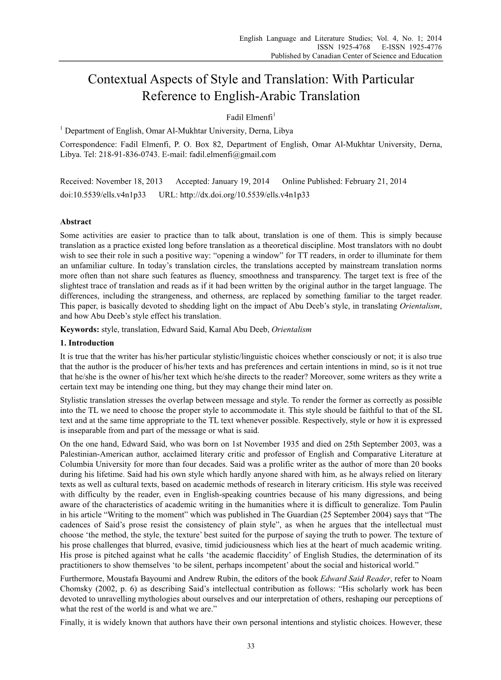 Contextual Aspects of Style and Translation: with Particular Reference to English-Arabic Translation