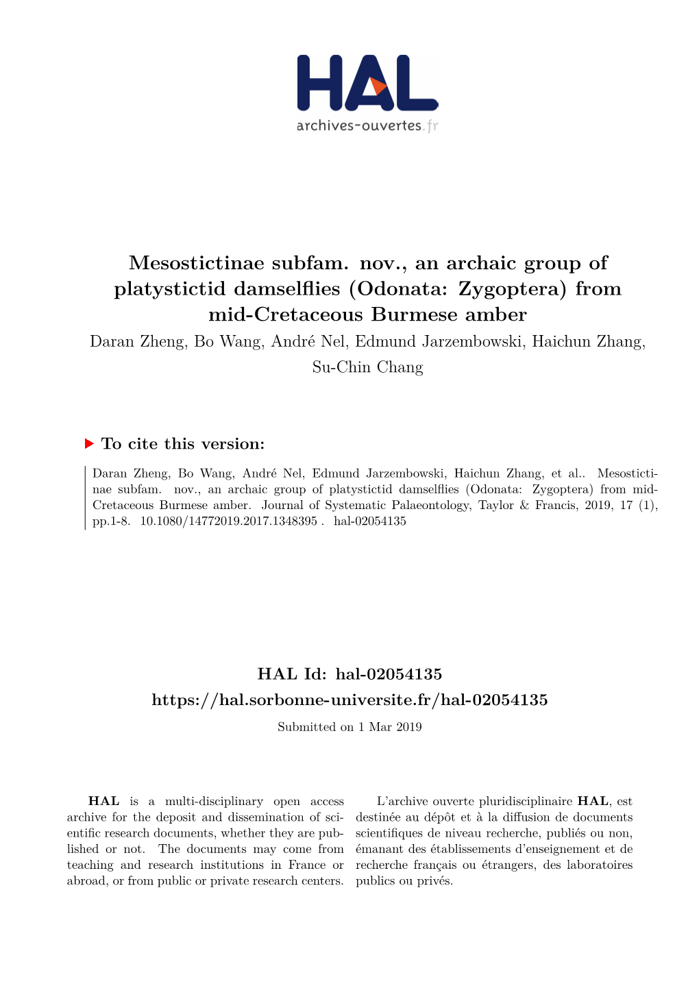 (Odonata: Zygoptera) from Mid-Cretaceous Burmese Amber Daran Zheng, Bo Wang, André Nel, Edmund Jarzembowski, Haichun Zhang, Su-Chin Chang