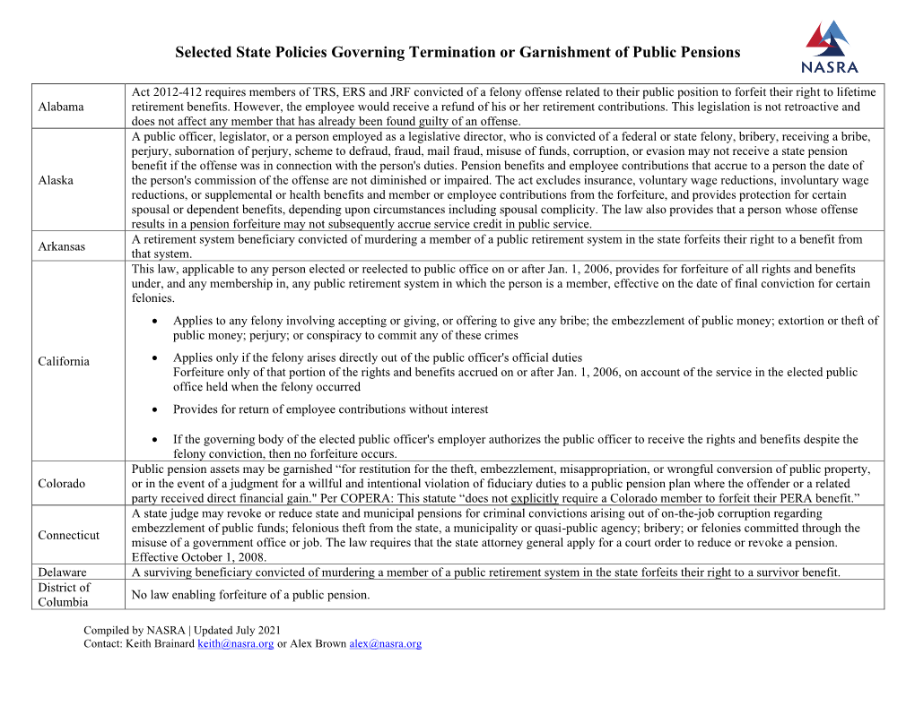 Selected State Policies Governing Termination Or Garnishment of Public Pensions