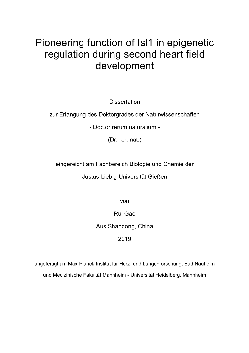 Pioneering Function of Isl1 in Epigenetic Regulation During Second Heart Field Development