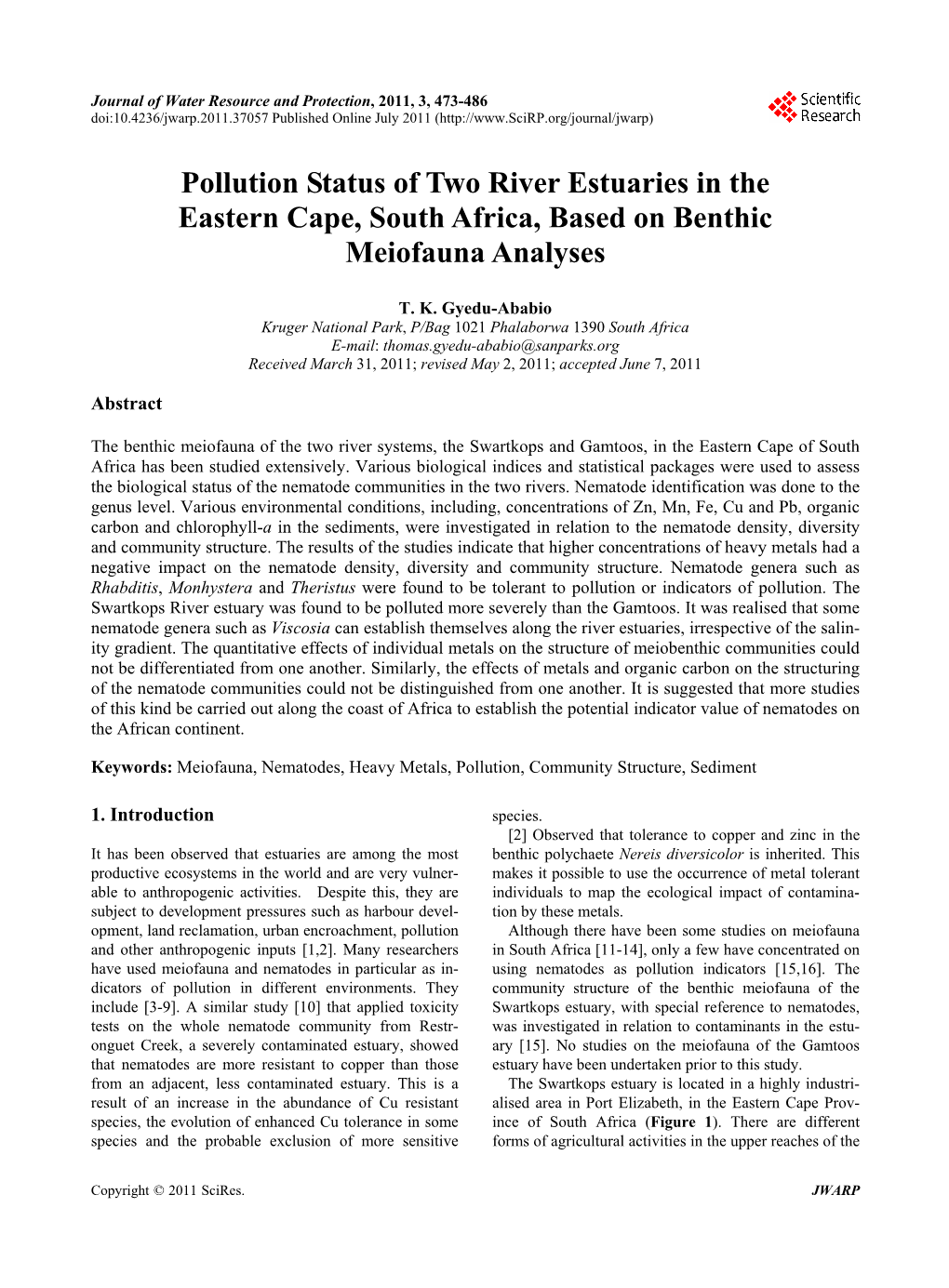 Pollution Status of Two River Estuaries in the Eastern Cape, South Africa, Based on Benthic Meiofauna Analyses