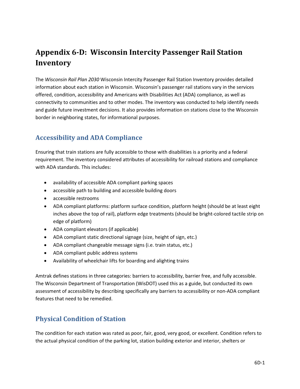 Appendix 6-D: Wisconsin Intercity Passenger Rail Station Inventory