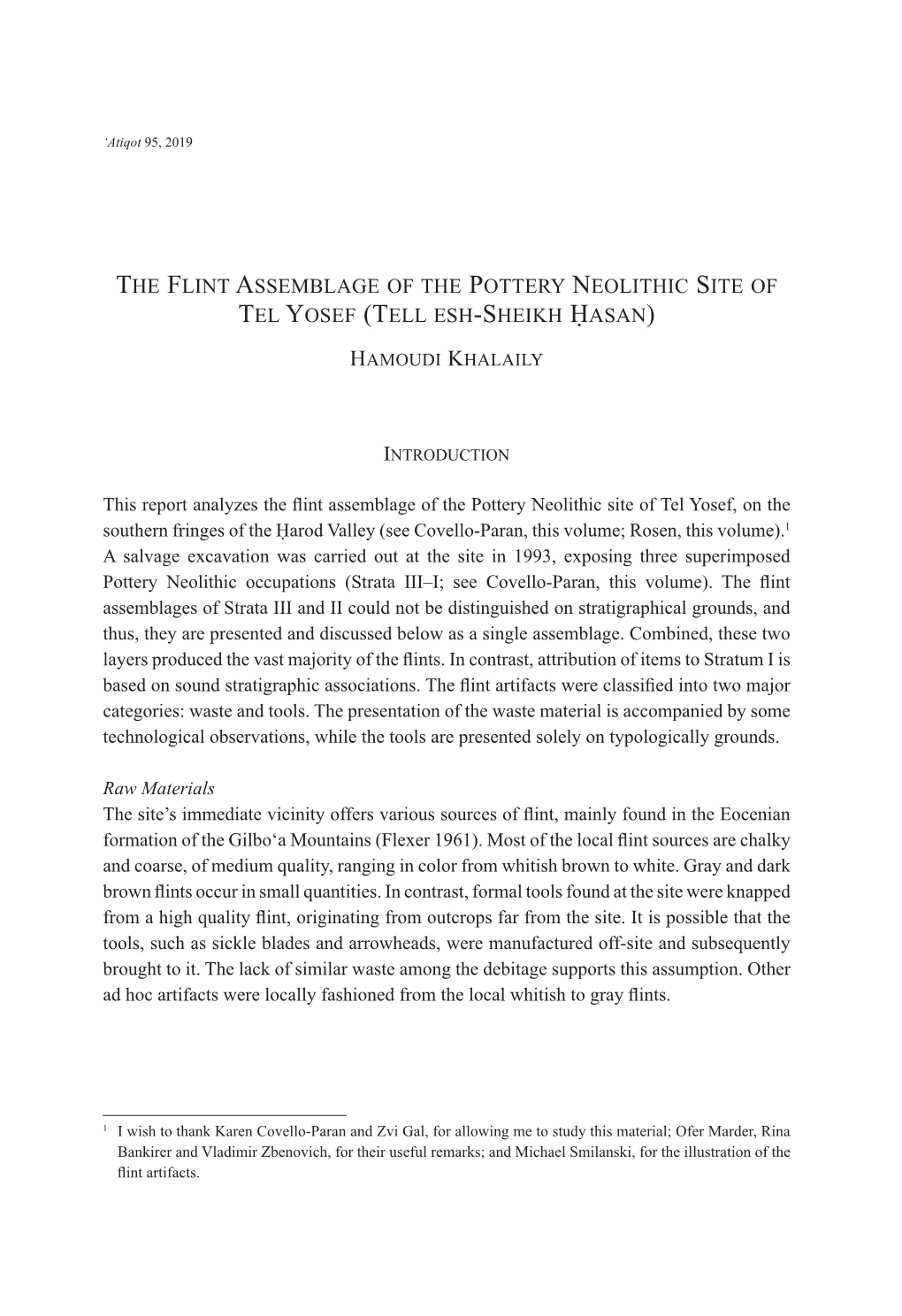 The Flint Assemblage of the Pottery Neolithic Site of Tel Yosef (Tell Esh-Sheikh Ḥasan)