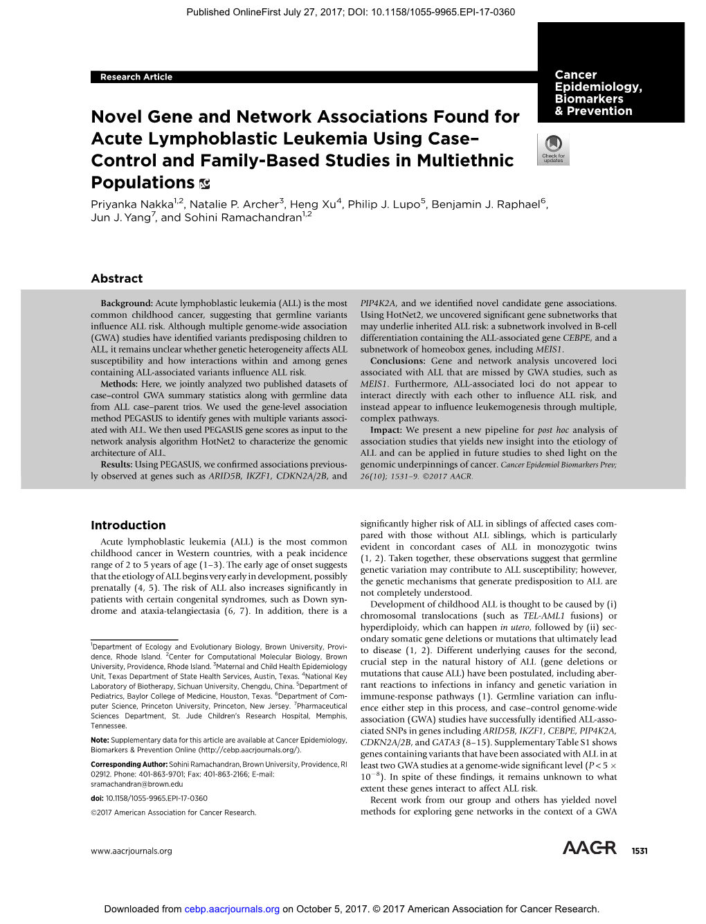 Novel Gene and Network Associations Found for Acute Lymphoblastic Leukemia Using Case−Control and Family-Based Studies in Multiethnic Populations