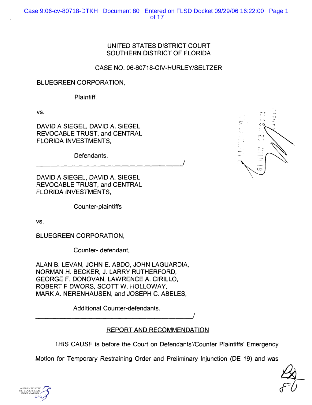 Case 9:06-Cv-80718-DTKH Document 80 Entered on FLSD Docket 09/29/06 16:22:00 Page 1 of 17