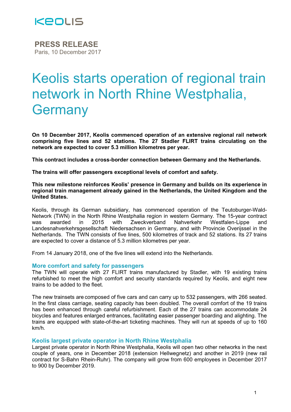 Keolis Starts 15 Year Rail Contract in Germany