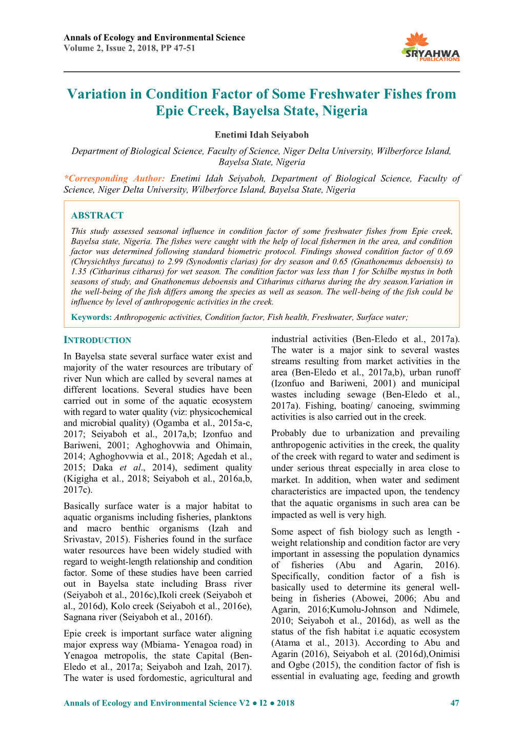 Variation in Condition Factor of Some Freshwater Fishes from Epie Creek, Bayelsa State, Nigeria