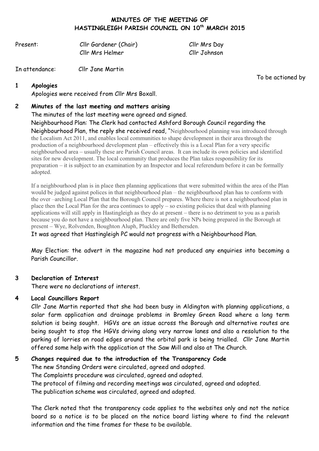 Minutes of the Hastingleigh Parish Council