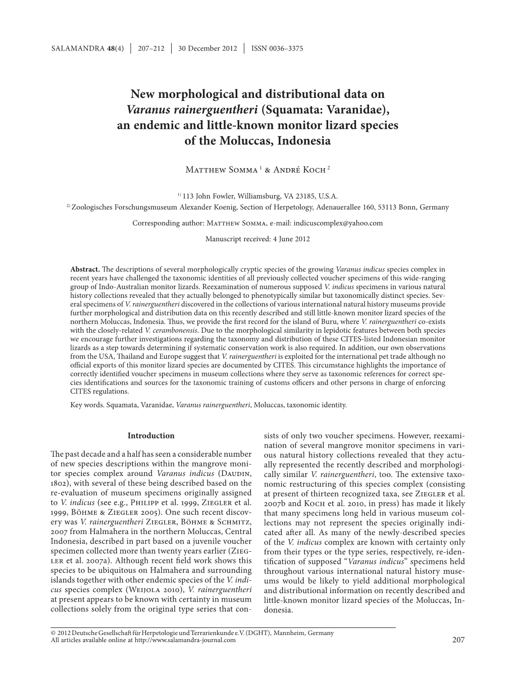 Squamata: Varanidae), an Endemic and Little-Known Monitor Lizard Species of the Moluccas, Indonesia