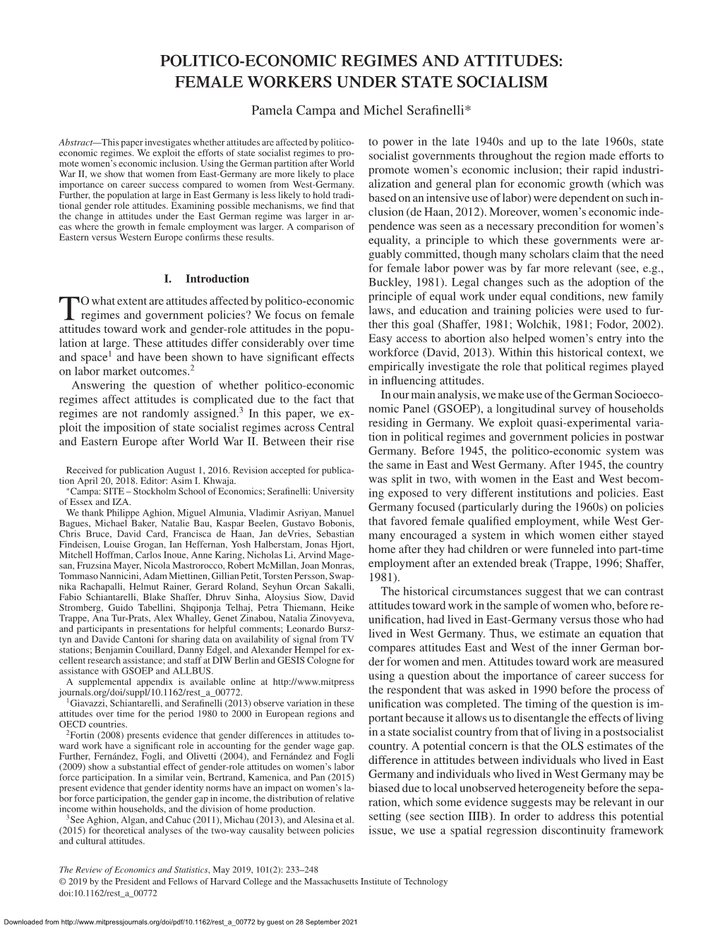 POLITICO-ECONOMIC REGIMES and ATTITUDES: FEMALE WORKERS UNDER STATE SOCIALISM Pamela Campa and Michel Seraﬁnelli*