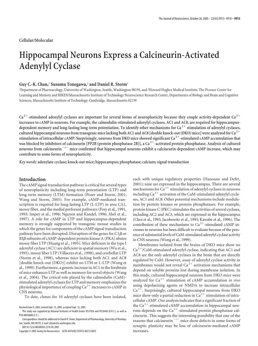 Hippocampal Neurons Express a Calcineurin-Activated Adenylyl Cyclase