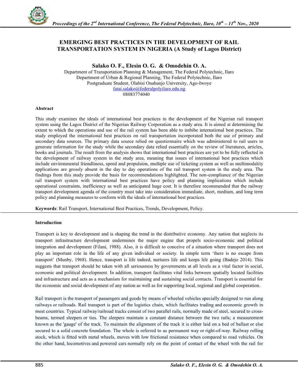 EMERGING BEST PRACTICES in the DEVELOPMENT of RAIL TRANSPORTATION SYSTEM in NIGERIA (A Study of Lagos District)