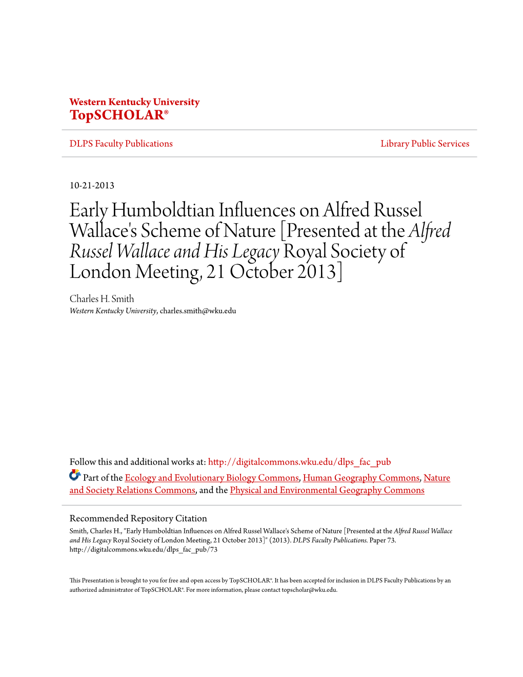 Early Humboldtian Influences on Alfred Russel Wallace's Scheme Of