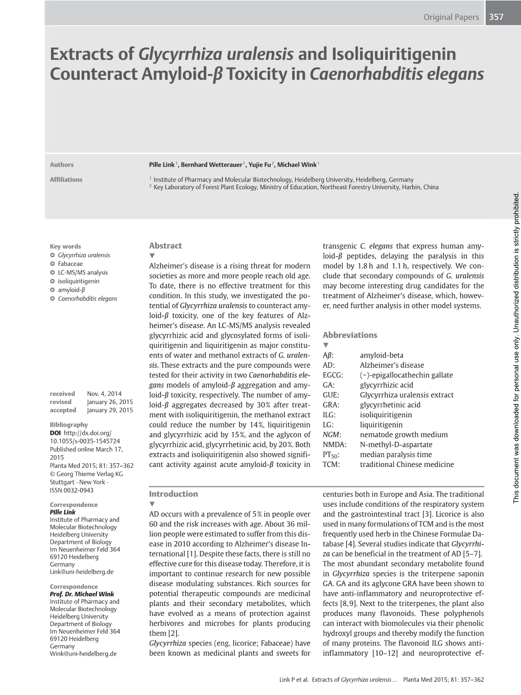 Extracts of Glycyrrhiza Uralensis and Isoliquiritigenin Counteract Amyloid-Β Toxicity in Caenorhabditis Elegans