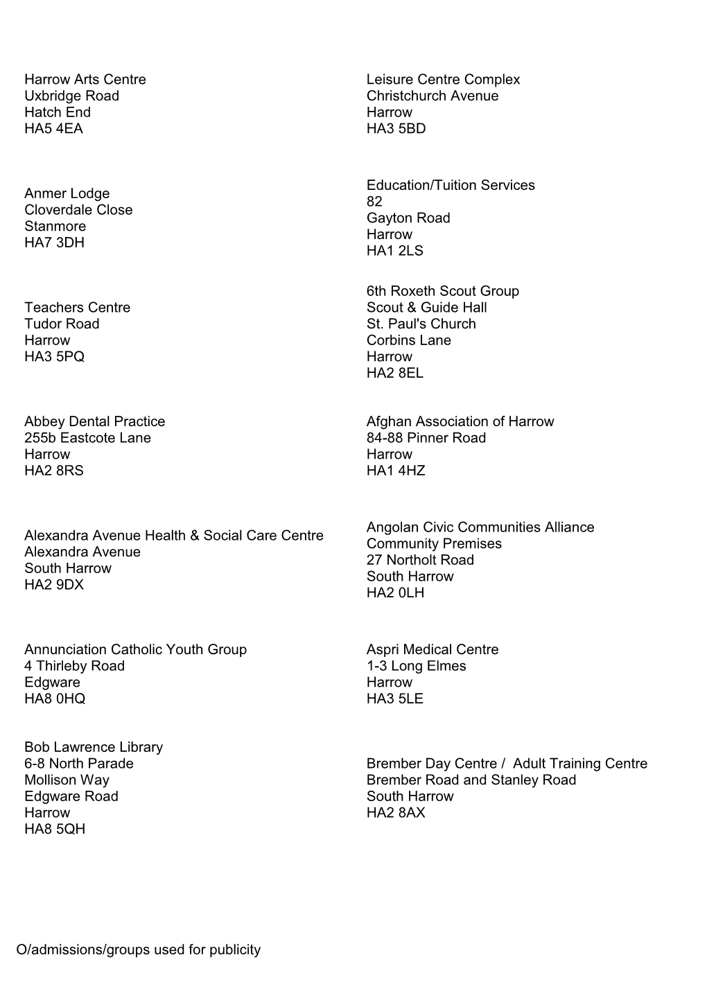 O/Admissions/Groups Used for Publicity Harrow Arts Centre Uxbridge Road Hatch End HA5 4EA Leisure Centre Complex Christchurch Av