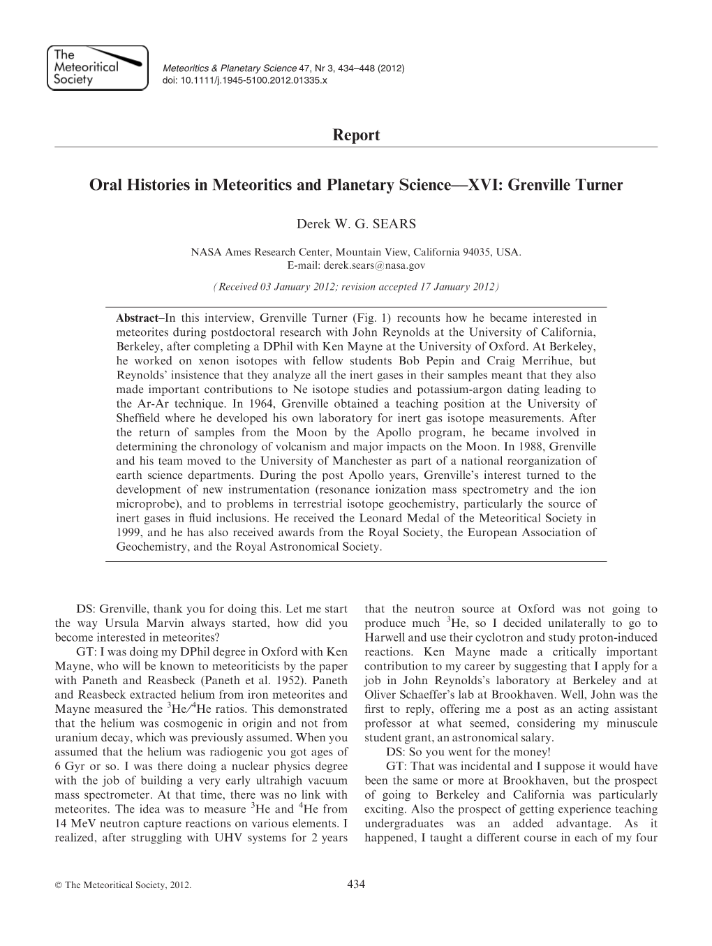 Oral Histories in Meteoritics and Planetary Sciencexvi: Grenville Turner