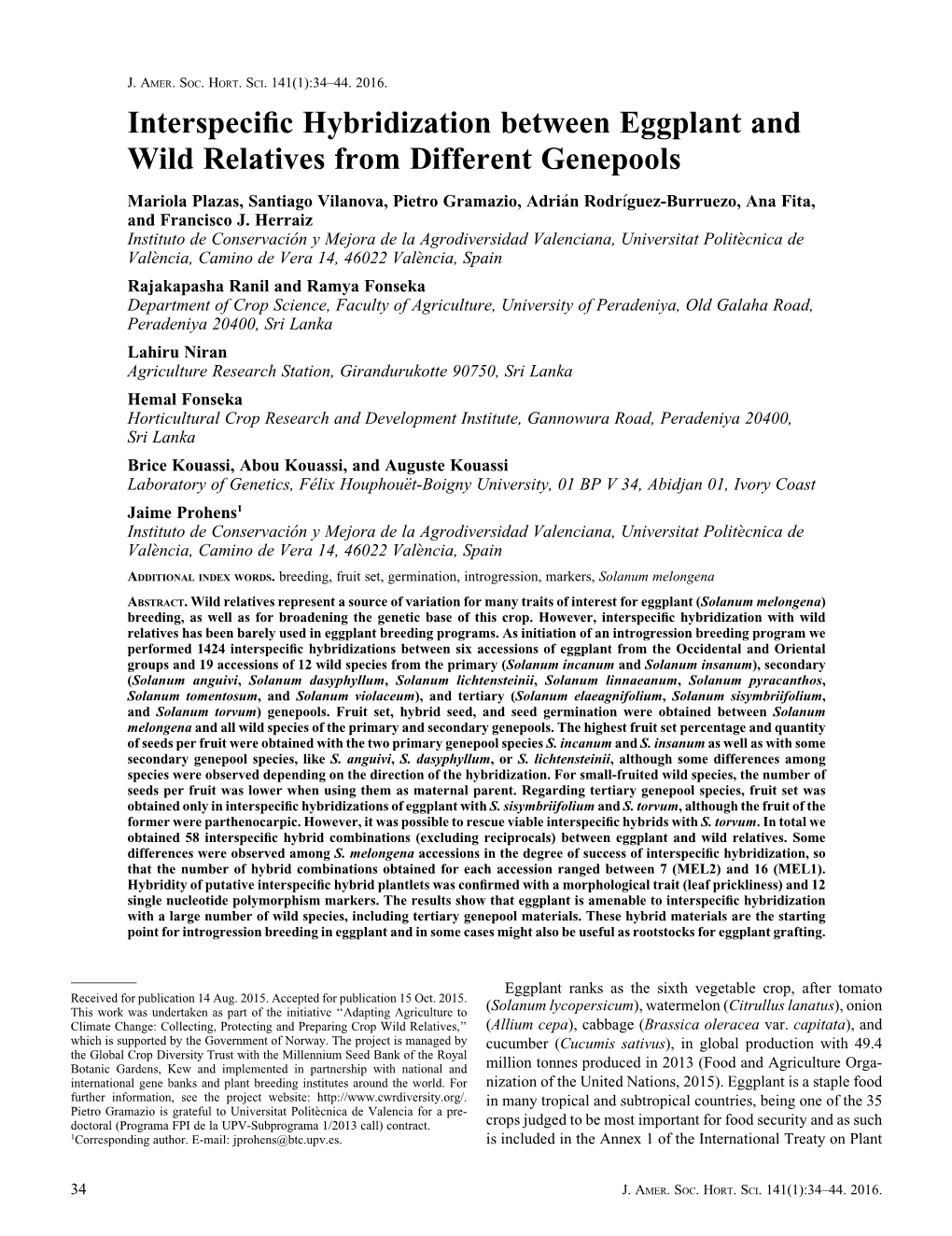 Interspecific Hybridization Between Eggplant and Wild Relatives From