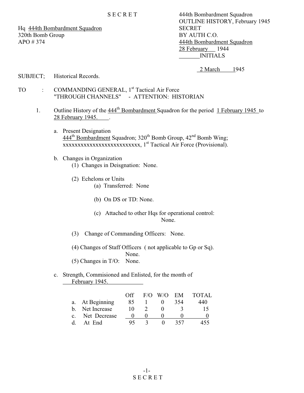 S E C R E T 444Th Bombardment Squadron OUTLINE HISTORY, February 1945 Hq 444Th Bombardment Squadron SECRET 320Th Bomb Group