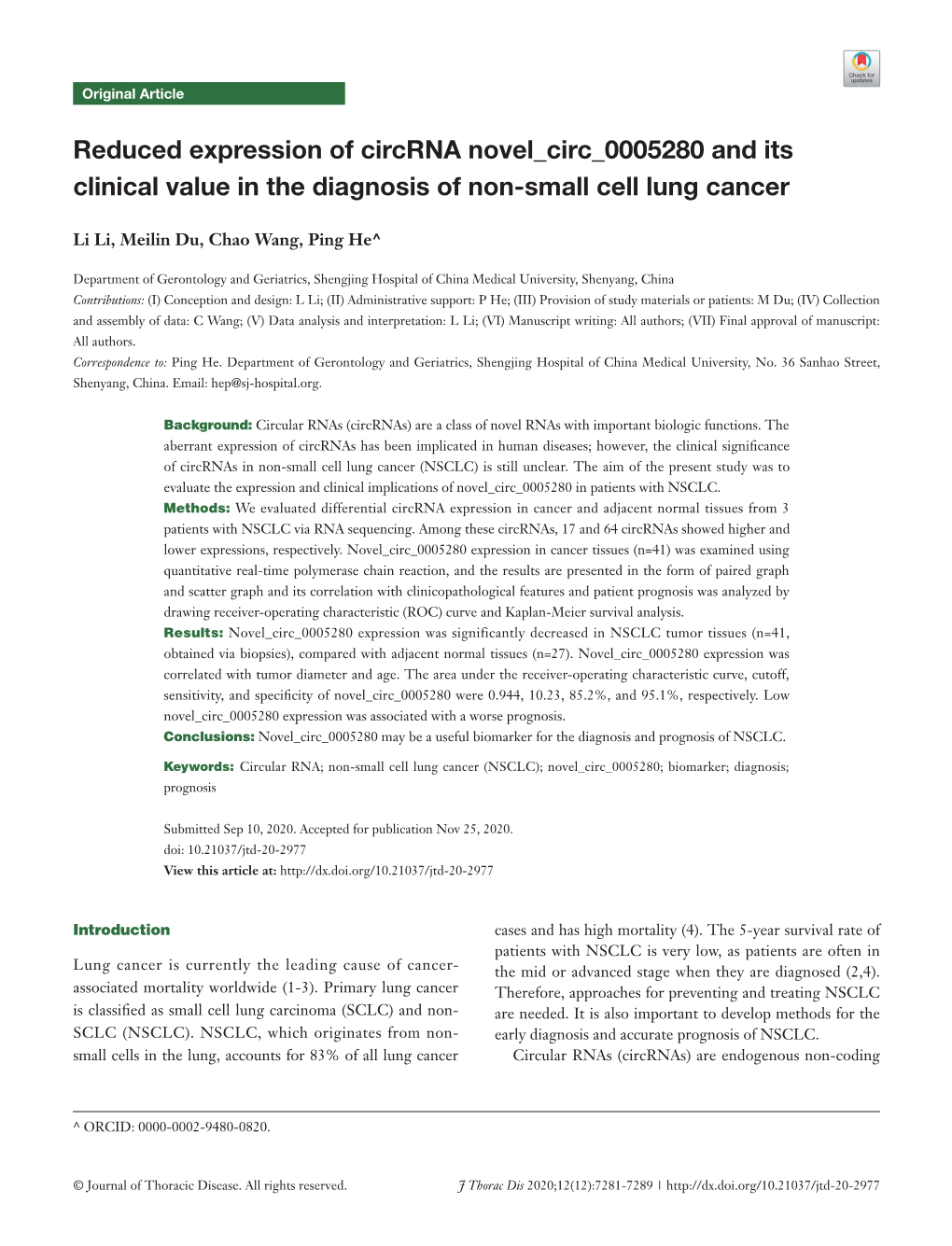 Reduced Expression of Circrna Novel Circ 0005280 and Its Clinical Value in the Diagnosis of Non-Small Cell Lung Cancer