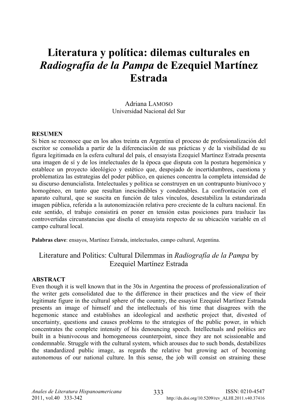 Literatura Y Política: Dilemas Culturales En Radiografía De La Pampa De Ezequiel Martínez Estrada