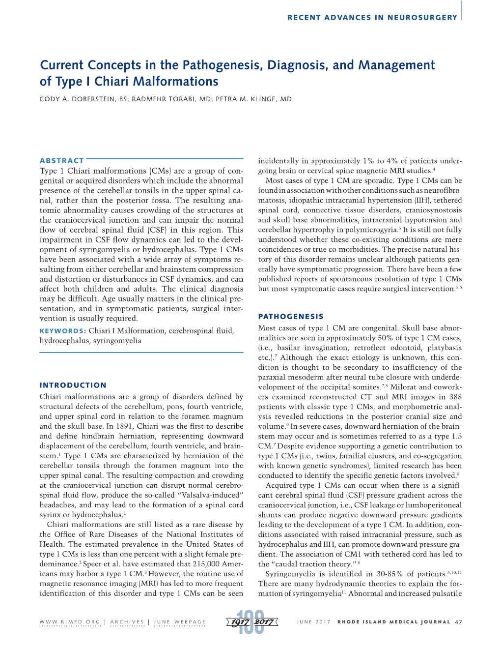 Current Concepts in the Pathogenesis, Diagnosis, and Management of Type I Chiari Malformations