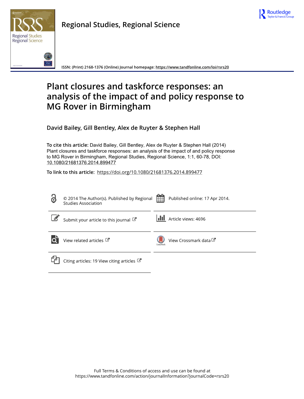 Plant Closures and Taskforce Responses: an Analysis of the Impact of and Policy Response to MG Rover in Birmingham