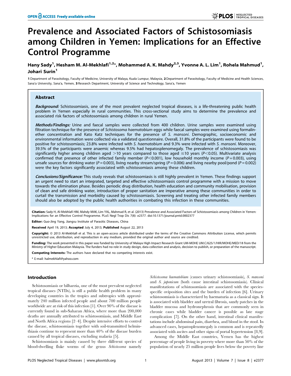 Prevalence and Associated Factors of Schistosomiasis Among Children in Yemen: Implications for an Effective Control Programme