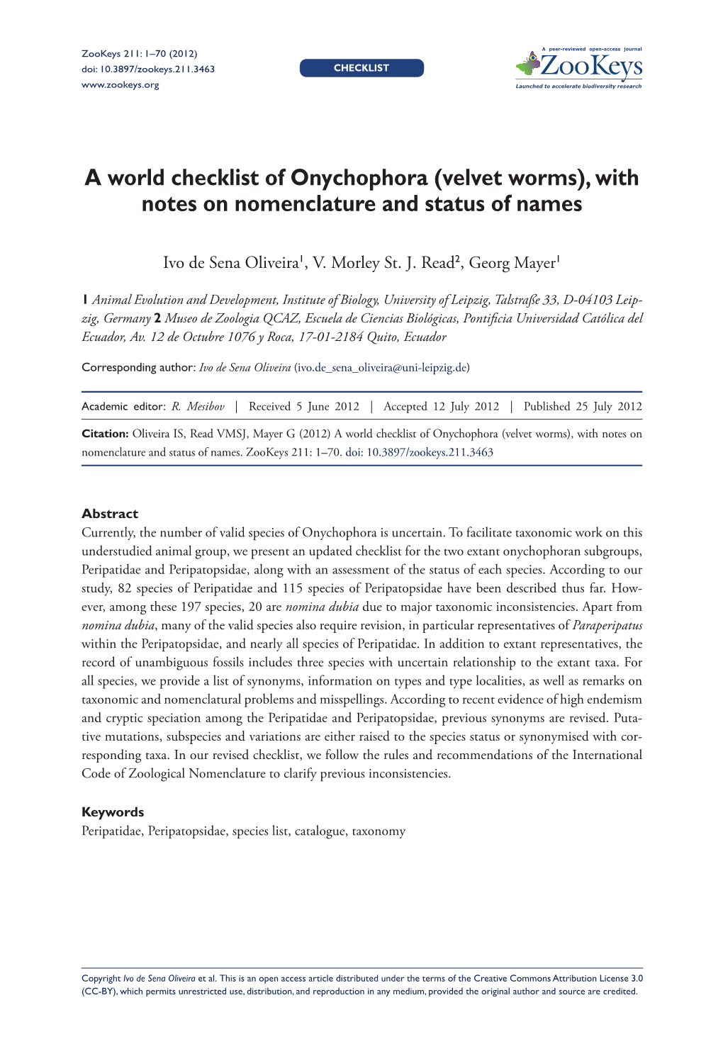 A World Checklist of Onychophora (Velvet Worms), with Notes on Nomenclature and Status of Names