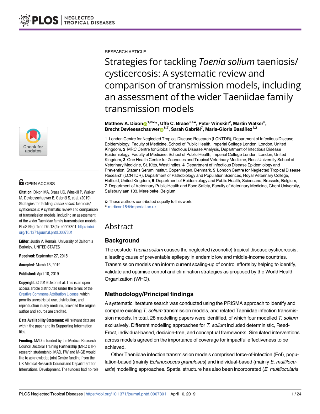 Strategies for Tackling Taenia Solium Taeniosis/Cysticercosis