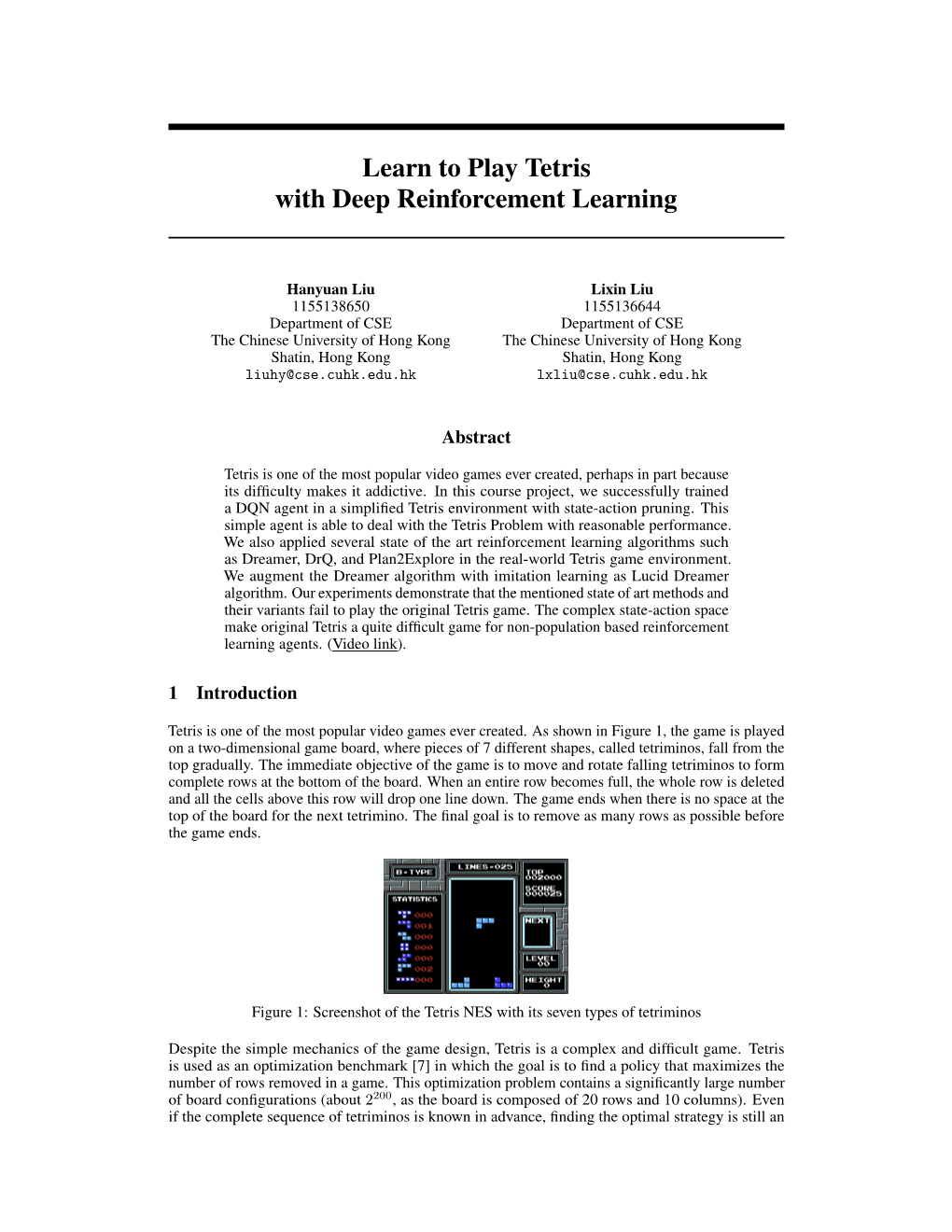 Learn to Play Tetris with Deep Reinforcement Learning