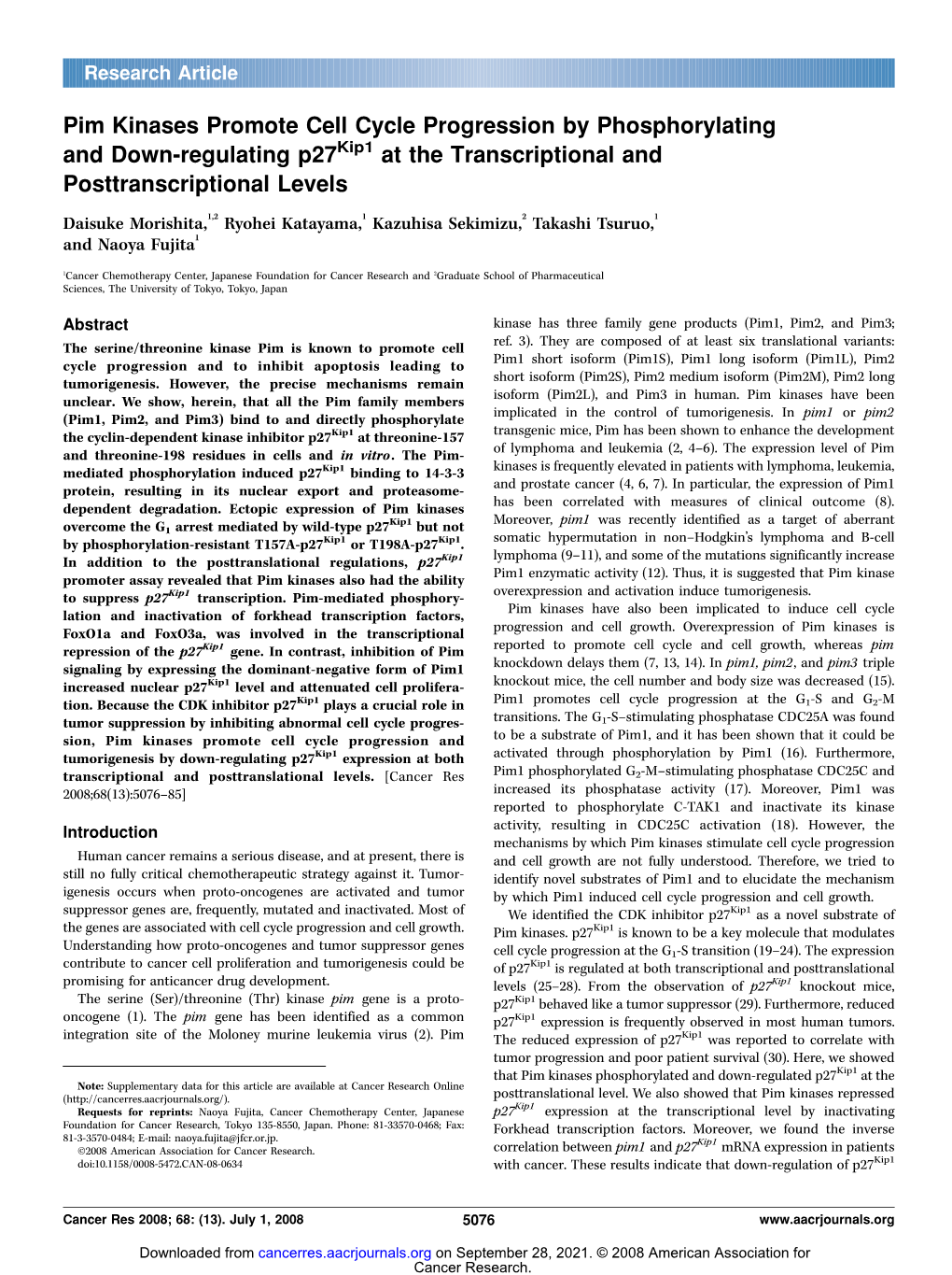 Pim Kinases Promote Cell Cycle Progression by Phosphorylating