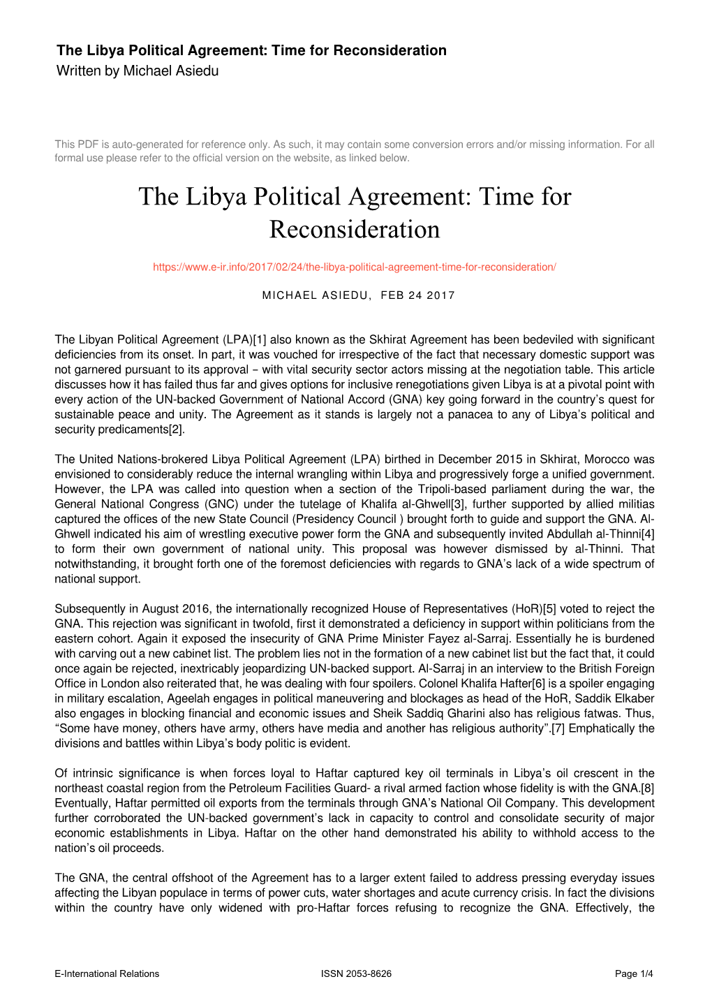 The Libya Political Agreement: Time for Reconsideration Written by Michael Asiedu