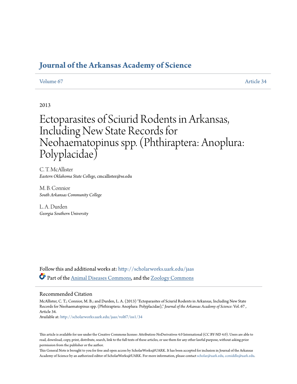 Ectoparasites of Sciurid Rodents in Arkansas, Including New State Records for Neohaematopinus Spp