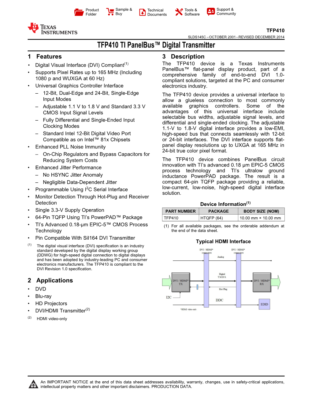 TFP410 TI Panelbus™ Digital Transmitter Datasheet (Rev. C)