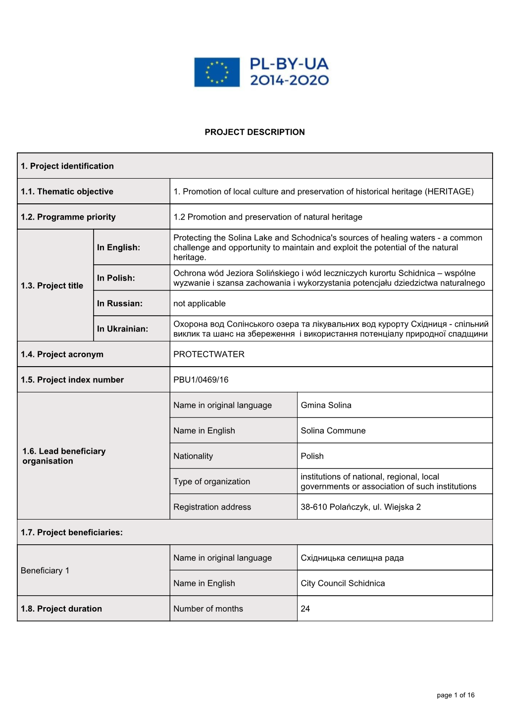 PROJECT DESCRIPTION 1.1. Thematic Objective