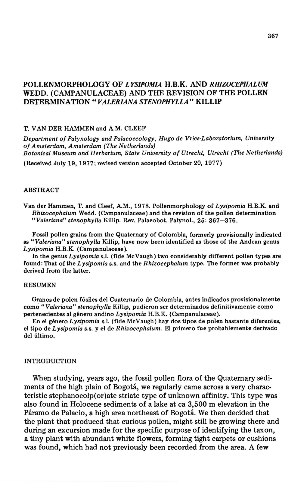 Campanulaceae) and the Revision of the Pollen Determination “Valeriana Stenophylla” Killip