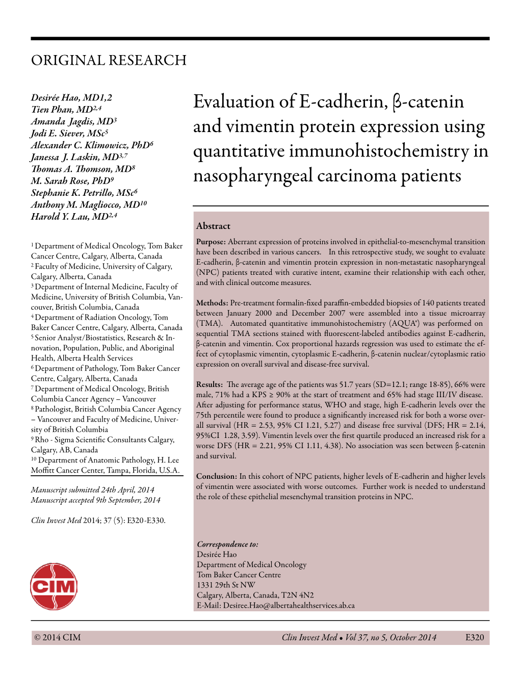 Evaluation of E-Cadherin, Β-Catenin and Vimentin Protein Expression