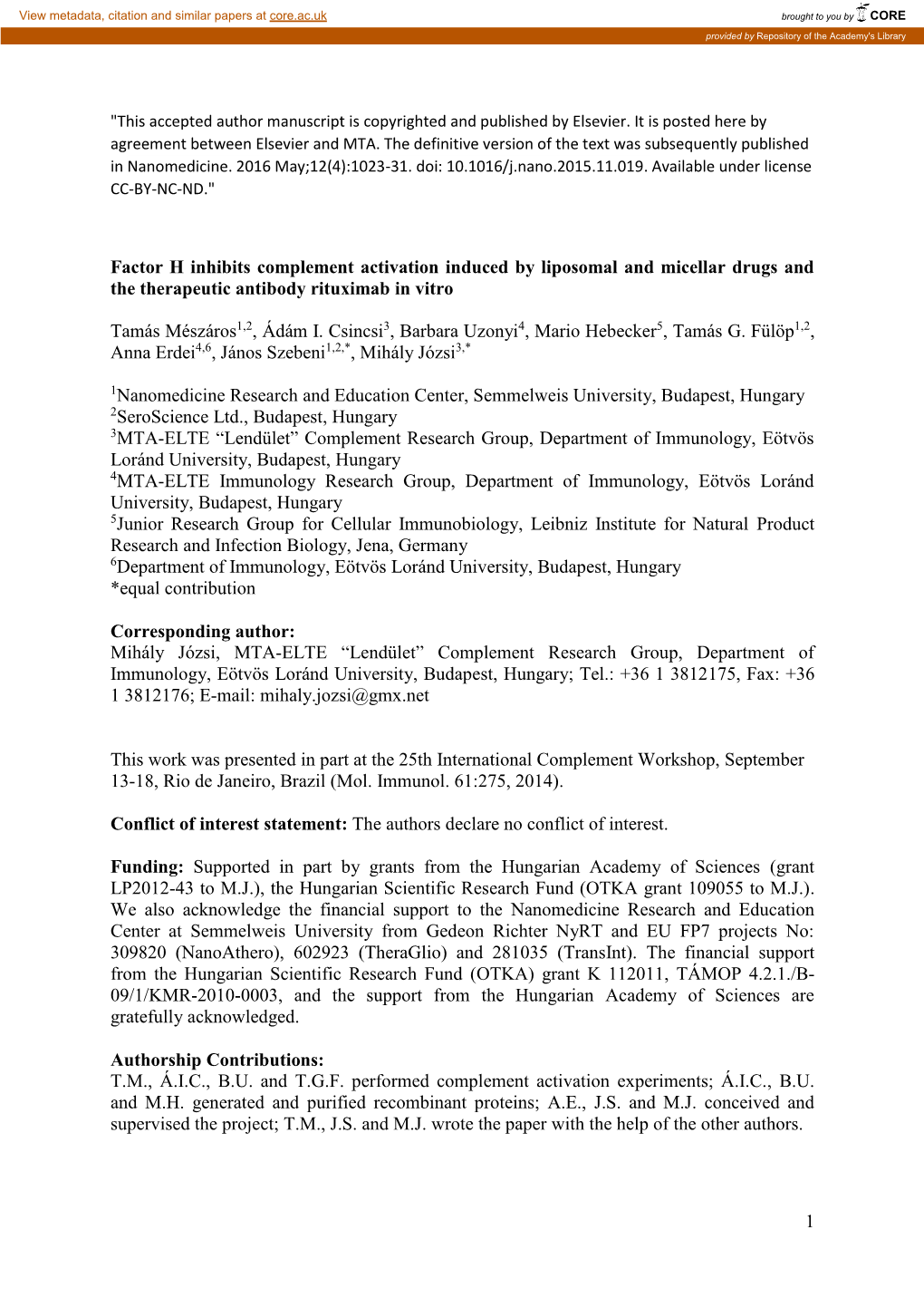 1 Factor H Inhibits Complement Activation Induced by Liposomal And